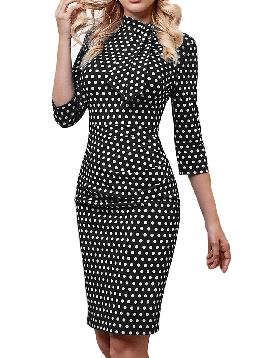 Women's Work Dress Shift Dress Sheath Dress Elegant Office Daily Midi Dress Tie Knot Bow Crew Neck 3/4 Length Sleeve Polka Dot Regular Fit Black Spring Fall S M L XL XXL