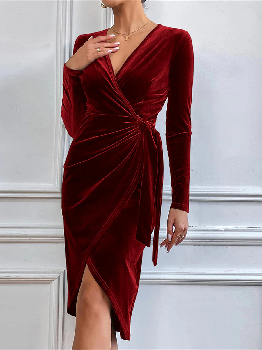 Women's Velvet Dress Party Dress Cocktail Dress Velvet Ruched V Neck Long Sleeve Midi Dress Christmas Birthday Wine Winter