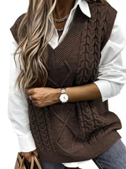 Women's Sweater Vest V Neck Ribbed Cable Knit Acrylic Patchwork Fall Winter Regular Outdoor Daily Going out Stylish Casual Soft Sleeveless Solid Color Black Wine Navy Blue S M L