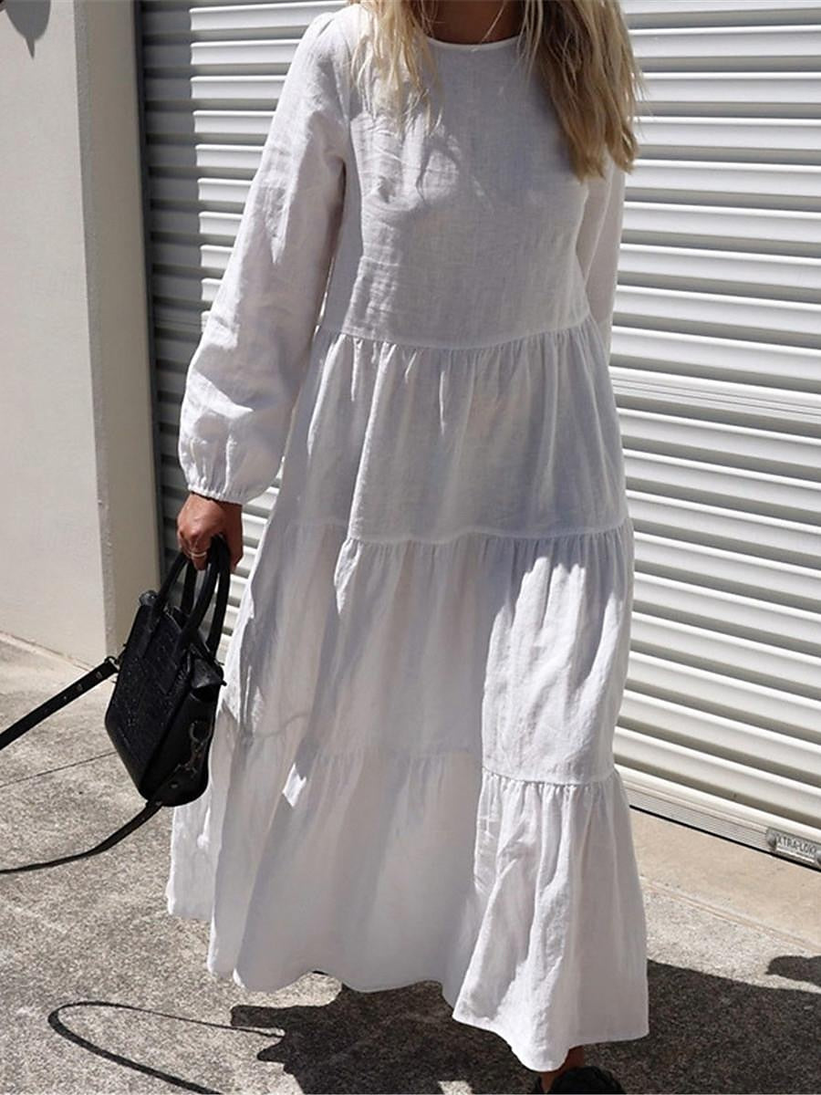 Women's White Dress Casual Dress Cotton Linen Dress Maxi long Dress Ruffle Basic Daily Crew Neck Long Sleeve Summer Spring Black White Plain