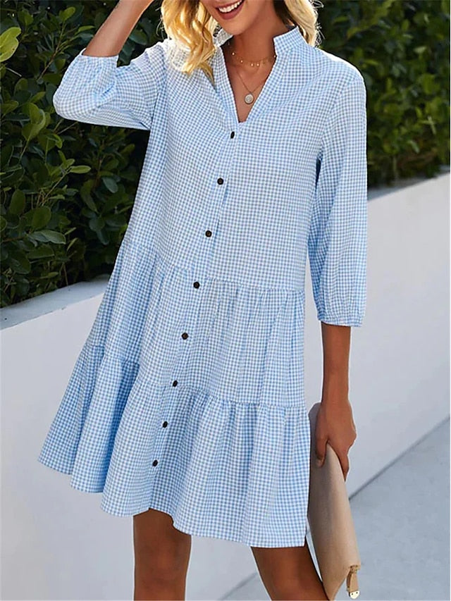 Women's Shirt Dress Casual Dress Cotton Linen Dress Mini Dress Cotton Cotton Blend Fashion Modern Outdoor Daily Date Split Neck Button Print 3/4 Length Sleeve Summer Spring Fall 2023 Loose Fit Blue - LuckyFash™