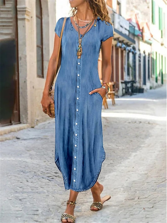 Women's Casual Dress Shift Dress Denim Shirt Dress Maxi long Dress Denim Fashion Basic Outdoor Daily Vacation V Neck Button Pocket Short Sleeve Summer Spring 2023 Regular Fit Blue Plain S M L XL 2XL - LuckyFash™