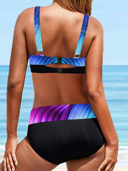 Women's Swimwear Bikini 2 Piece Plus Size Swimsuit Backless Printing High Waisted Geometic Stripes / Ripples Black Purple V Wire Bathing Suits New Stylish Vacation / Sexy / Padded Bras - LuckyFash™