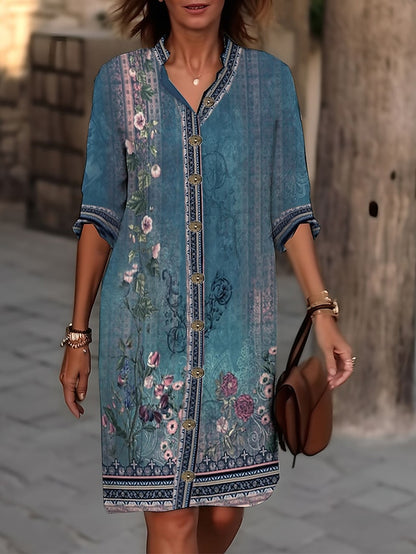 Women's Shirt Dress Casual Dress Cotton Linen Dress Midi Dress Button Print Daily Vacation Shirt Collar 3/4 Length Sleeve Summer Spring Fall Black Red Floral