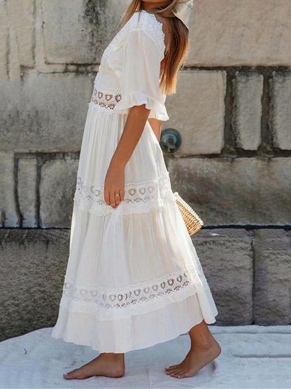 Women's Summer Dress Boho Wedding Guest Dress White Lace Wedding Dress Maxi Dress with Sleeve Vacation Elegant V Neck Half Sleeve White Color