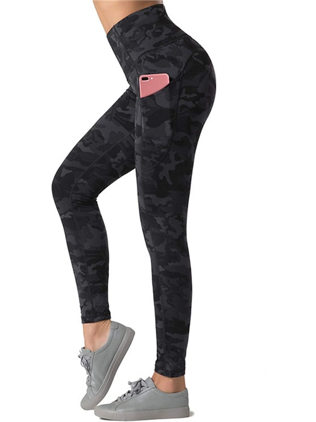 Women's Yoga Pants Side Pockets Tummy Control Butt Lift Quick Dry High Waist Yoga Fitness Gym Workout Leggings Bottoms Camo / Camouflage Black Army Green Dark Gray Spandex Winter Sports Activewear - LuckyFash™