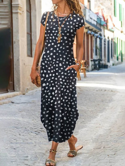 Women's Long Dress Maxi Dress Casual Dress Shift Dress Summer Dress Floral Geometric Feather Fashion Streetwear Outdoor Daily Going out Pocket Split Short Sleeve Crew Neck Dress Regular Fit Black - LuckyFash™