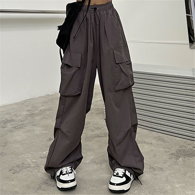 Women‘s Cargo parachute pants Wide Leg Trousers Baggy Full Length Baggy Micro-elastic High Waist Fashion Casual Daily ArmyGreen Black S M Spring & Fall