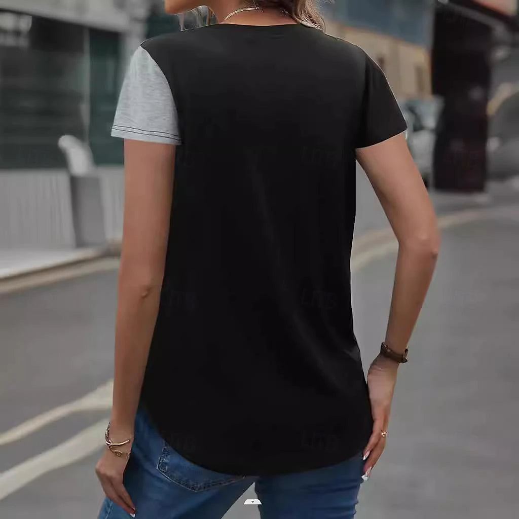 Women's T shirt Tee Color Block Daily Weekend Button Black Short Sleeve Fashion Round Neck Summer