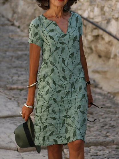 Women's Casual Dress Shift Dress Midi Dress Blue Green Short Sleeve Leaf Print Fall Spring Summer V Neck Basic Daily Vacation Summer Dress 2023 S M L XL XXL XXXL - LuckyFash™