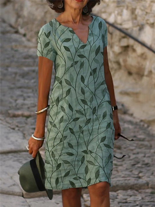 Women's Casual Dress Shift Dress Midi Dress Blue Green Short Sleeve Leaf Print Fall Spring Summer V Neck Basic Daily Vacation Summer Dress 2023 S M L XL XXL XXXL - LuckyFash™