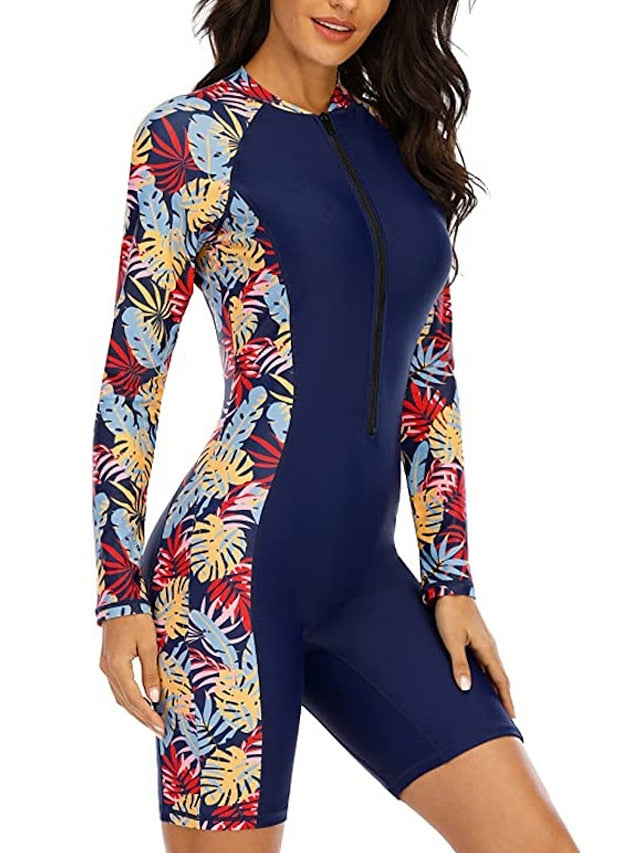 Women's Rash guard Swimsuit Waterproof UPF50+ Breathable Long Sleeve Spandex Bodysuit Bathing Suit Front Zip Boyleg Swimming Surfing Beach Water Sports Floral Summer Spring Autumn - LuckyFash™