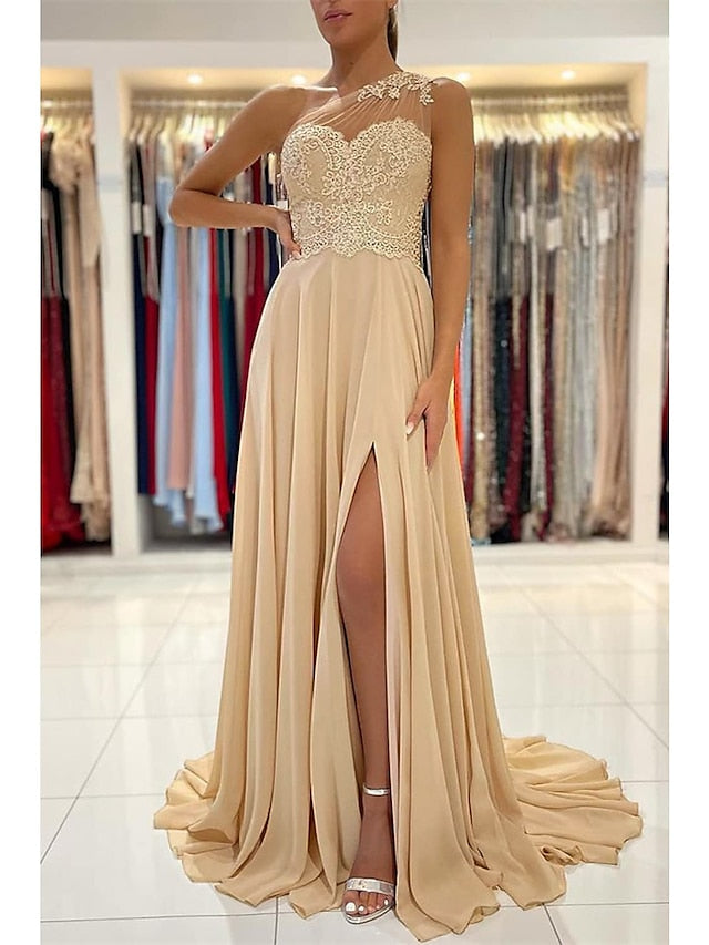 A-Line Prom Dresses Sexy Dress Formal Court Train Sleeveless One Shoulder Chiffon with Slit Appliques 2023 - LuckyFash™