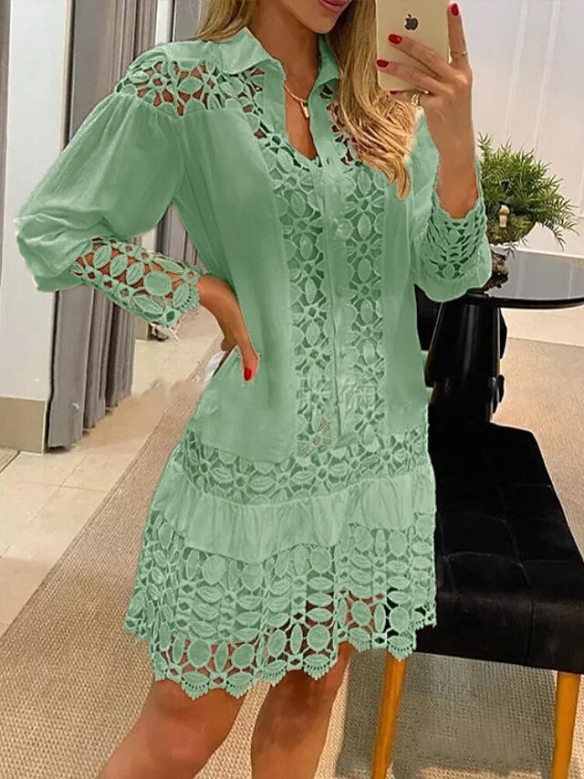 Women's Shirt Dress Casual Dress Midi Dress White Blue Green Long Sleeve Pure Color Ruched Spring Summer Shirt Collar Basic Daily Date Vacation Loose Fit 2023 S M L XL XXL 3XL - LuckyFash™