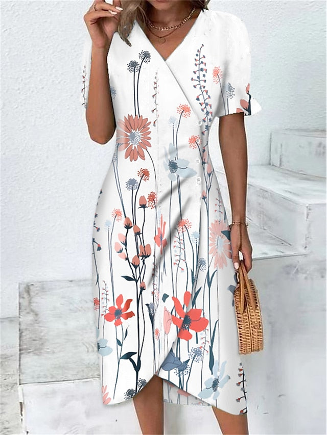 Women's Casual Dress Sheath Dress Wrap Dress Floral Asymmetrical Print V Neck Midi Dress Active Fashion Outdoor Street Short Sleeve Loose Fit Yellow Pink Red Summer Spring S M L XL XXL - LuckyFash™