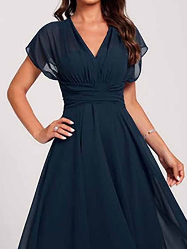 Womenâ€˜s Wedding Guest Dress Swing Dress Semi Formal Dress Midi Dress Blue Short Sleeve Pure Color Mesh Summer Spring Fall V Neck Wedding Guest Vacation Spring Dress S M L XL 2XL 3XL - LuckyFash™