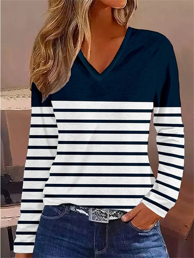 Women's T shirt Tee Striped Daily Weekend Print Navy Blue Long Sleeve Basic V Neck Fall & Winter