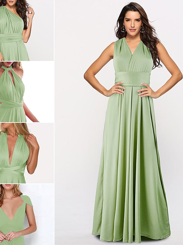 A-Line Bridesmaid Dress Halter / V Neck Sleeveless Convertible Floor Length Spandex with Sash / Ribbon / Pleats 2022 - LuckyFash™