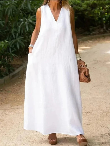 Women's White Dress Casual Dress Cotton Linen Dress Maxi long Dress Pocket Basic Daily V Neck Sleeveless Summer Spring White Plain