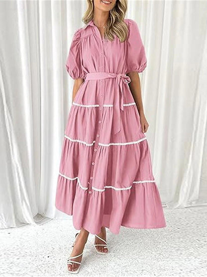 Women's White Dress Casual Dress Swing Dress Maxi Dress Lace up Button Date Vacation Streetwear Maxi Shirt Collar Half Sleeve Black White Pink Color