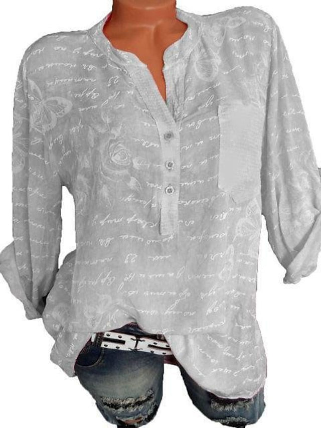 Women's Shirt Blouse Cotton Graphic Daily Weekend Button Print Pink Long Sleeve Basic V Neck Spring Fall