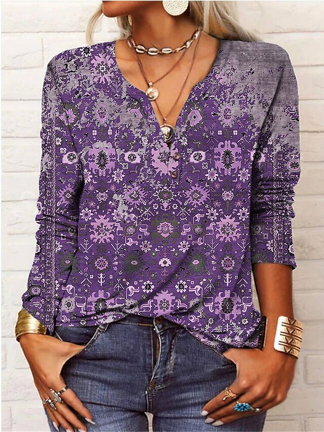 Women's T shirt Tee Floral Holiday Weekend Button Print Black Long Sleeve Daily Basic V Neck Fall & Winter