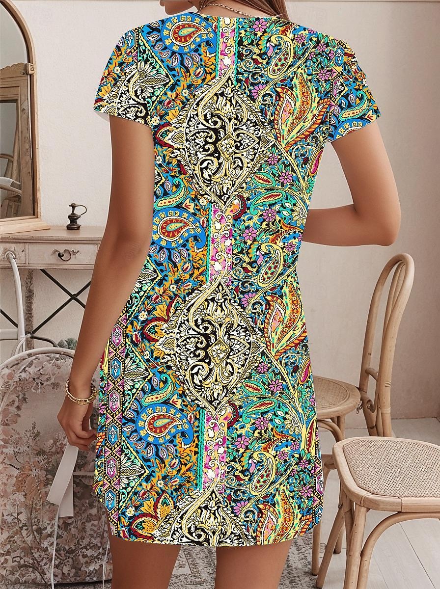 Women's Shift Dress Paisley Print V Neck Mini Dress Bohemia Stylish Vacation Short Sleeve Summer