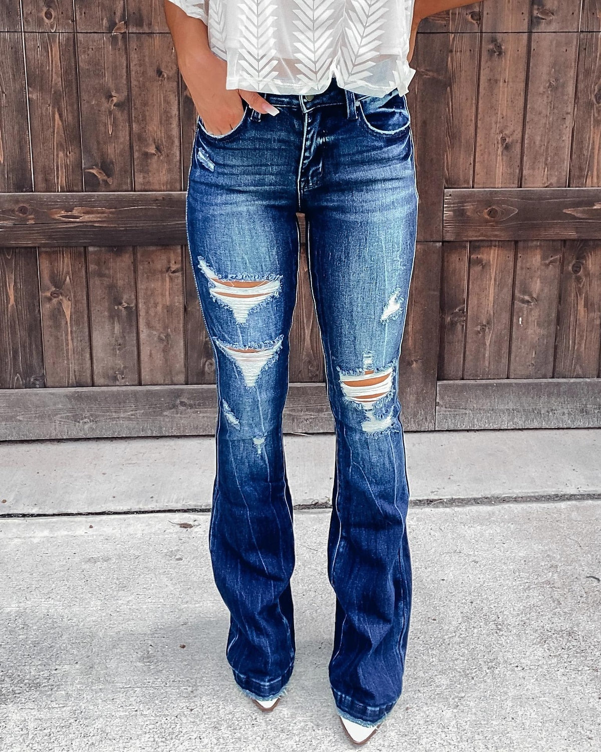 Women‘s Low Rise Jeans Bootcut Distressed Full Length Denim Side Pockets Baggy Micro-elastic High Waist Fashion Casual Work Street Blue S M Fall & Winter