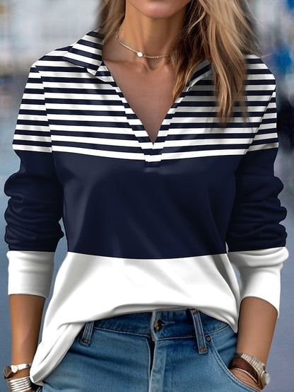 Women's T shirt Tee Color Block Striped Daily Weekend Print Navy Blue Long Sleeve Daily Basic Shirt Collar Fall & Winter