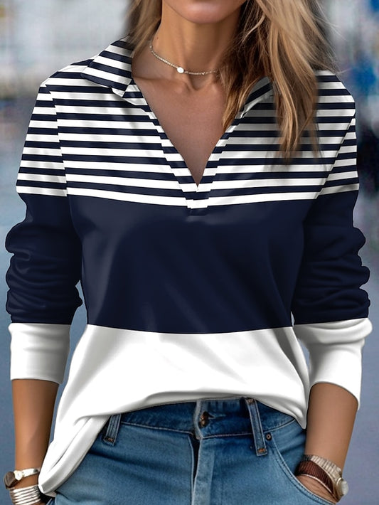 Women's T shirt Tee Color Block Striped Daily Weekend Print Navy Blue Long Sleeve Daily Basic Shirt Collar Fall & Winter