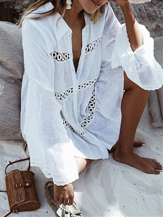 Women's White Dress Lace Dress Shirt Dress Mini Dress Cotton Ruffle Button Vacation Beach Streetwear Shirt Collar Long Sleeve White Color