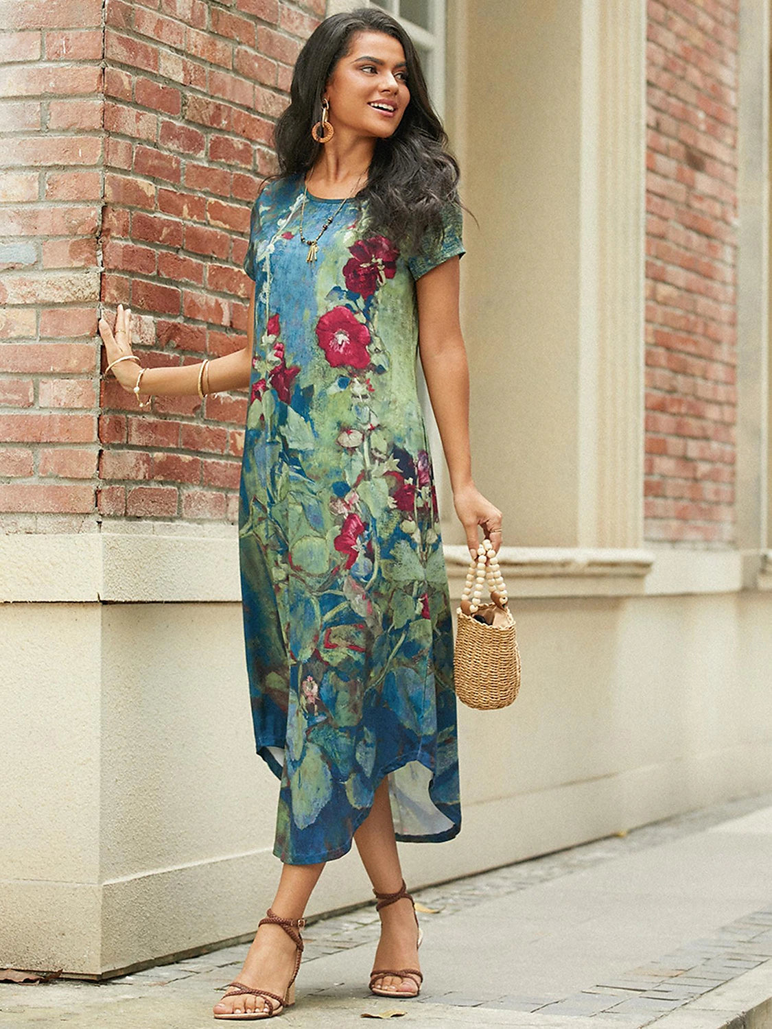 Women‘s Shift Dress Maxi long Dress Green Blue Gray Dark Blue Short Sleeve Floral Pocket Print Spring Summer Crew Neck Casual 2023 S M L XL XXL XXXL