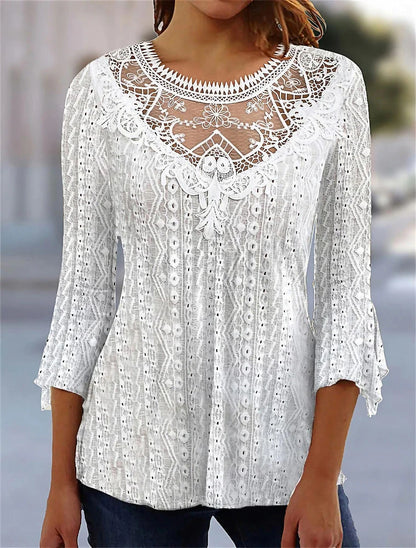 Women's Shirt Blouse Plain Contrast Lace Embroidered Eyelet White Half-Sleeve Elegant Basic Round Neck Summer