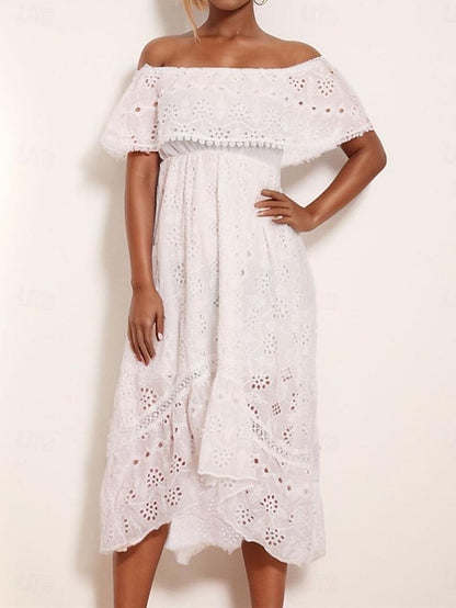 Women's Summer Dress Boho Wedding Guest Dress White Lace Wedding Dress Midi Dress with Sleeve Party Vacation Elegant Off Shoulder Short Sleeve White Color