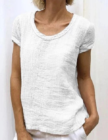 Women's Shirt Blouse Linen Plain Casual White Short Sleeve Basic Round Neck