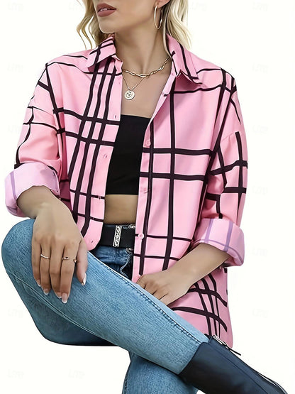 Women's Shirt Blouse Plaid Daily Button Print Pink Long Sleeve Casual Shirt Collar Spring & Summer