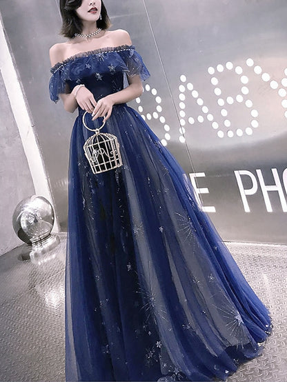 A-Line Fairy Prom Dress Sparkle Party Dress Off Shoulder Short Sleeve Floor Length Tulle with Sequins Embroidery 2023 Bridesmaid Formal Evening - LuckyFash™