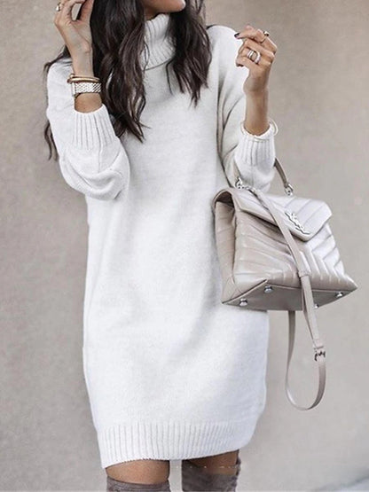 Women's Sweater Dress Turtleneck Ribbed Knit Acrylic Knitted Fall Winter Long Outdoor Daily Going out Stylish Casual Soft Long Sleeve Solid Color White Yellow Pink S M L