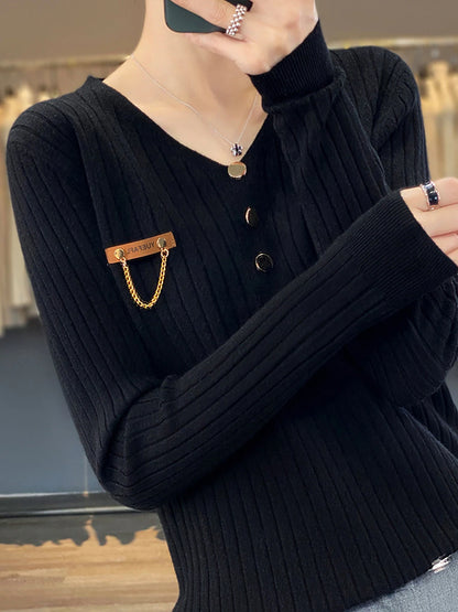 Women's Pullover Sweater Jumper V Neck Ribbed Knit Polyester Button Fall Winter Regular Outdoor Daily Going out Stylish Casual Soft Long Sleeve Solid Color Black White Yellow S M L