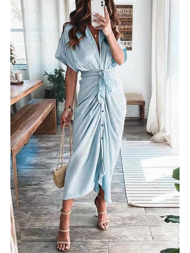 Women's Shirt Dress Casual Dress Work Dress Maxi long Dress Party Daily Holiday Satin Silk Fashion Elegant Shirt Collar Lace up Ruched Short Sleeve Summer Spring 2023 Regular Fit Black Pink Wine Pure - LuckyFash™