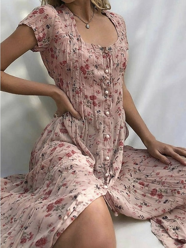 Women's Shift Dress Midi Dress Purple Pink Yellow Beige Light Blue Short Sleeve Floral Print Spring Summer Square Neck Hot Vintage Boho Loose 2023 S M L XL XXL 3XL - LuckyFash™