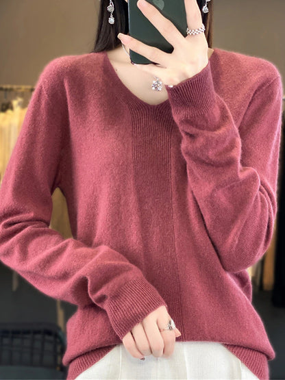 Women's Pullover Sweater Jumper V Neck Ribbed Knit Polyester Knitted Fall Winter Regular Outdoor Daily Going out Fashion Casual Soft Long Sleeve Solid Color Forest Green Cherry Red Red bean paste M L