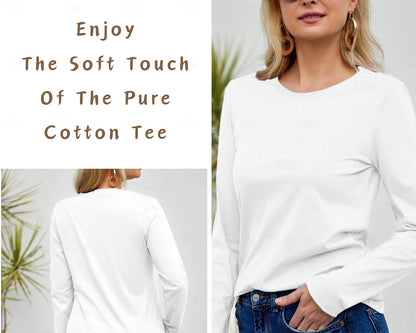 100% Cotton Women's T Shirt White Basic Long Sleeve Tee Casual Tops Round Neck Regular