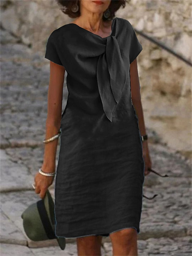 Women's Casual Dress Cotton Dress Shift Dress Midi Dress Cotton Blend Fashion Basic Outdoor Daily Vacation V Neck Lace up Short Sleeve Summer Spring 2023 Loose Fit Black White Blue Plain S M L XL 2XL - LuckyFash™