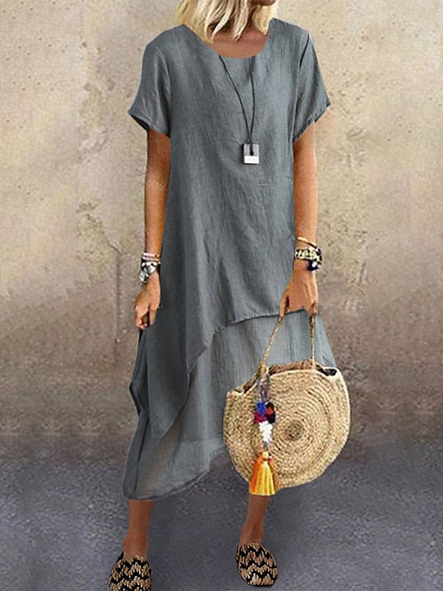 Women's Casual Dress Cotton Linen Dress A Line Dress Midi Dress Cotton Blend Basic Modern Outdoor Daily Crew Neck Ruffle Layered Short Sleeve Summer Spring 2023 Loose Fit Blue Green Gray Plain S M L - LuckyFash™