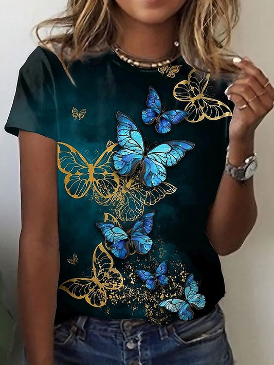 Women's T shirt Tee Black Pink Purple Graphic Butterfly Print Short Sleeve Daily Weekend Basic Vintage Round Neck Regular Butterfly Painting S - LuckyFash™