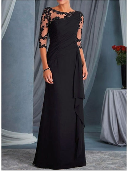 A-Line Mother of the Bride Dress Plus Size Bateau Neck Floor Length Chiffon Lace Half Sleeve with Draping Appliques 2023 - LuckyFash™