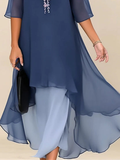 Women‘s Plus Size Curve Casual Dress Work Dress Chiffon Dress Plain Long Dress Maxi Dress Half Sleeve Layered Plus High Low Crew Neck Elegant Outdoor Blue Summer Spring Wedding Guest Dress