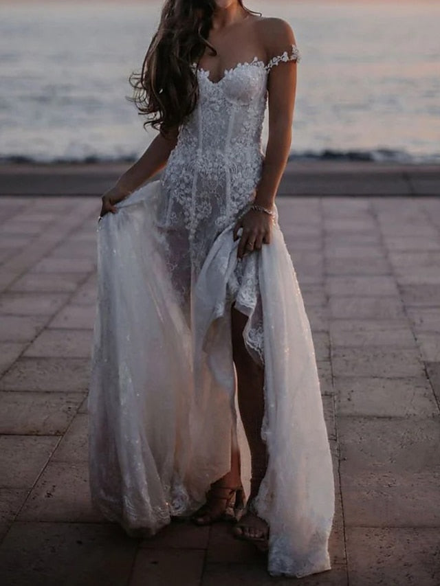 Beach Open Back Boho Wedding Dresses A-Line Off Shoulder Cap Sleeve Court Train Lace Bridal Gowns With Appliques Solid Color 2023 Summer Wedding Party, Women's Clothing - LuckyFash™