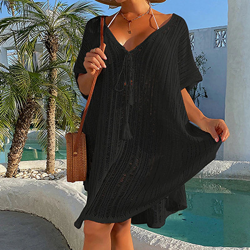 Women's Swimwear Cover Up Beach Dress Normal Swimsuit UV Protection Modest Swimwear Lace up Knit Pure Color Black Dusty Blue Beige V Wire Bathing Suits New Vacationy / Modern